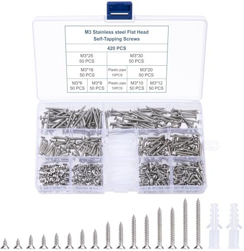 Vis Autotaraudeuses Assortiment,Vis à Tête Plate Croisée M3 Vis Autotaraudeuses En Acier Inoxydable Set De Vis à Tête Fraisée pour Plastique Cloison Sèche Tôle 420 Pièces(6/8/10/12/16/20/25/30mm)