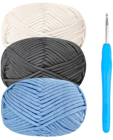Häkelgarn Baumwolle Häkelwolle Chenille Wolle zum Häkeln 3 X 50g Häkelwolle mit Häkelnadel 4mm,Blau Yarn Dickes Baumwoll-Nylon-Mischgarn