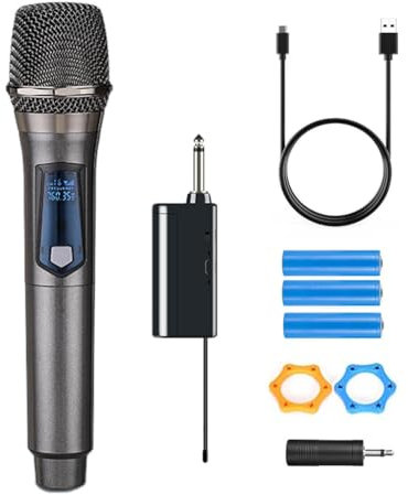A single handheld wireless microphone. Equipped with a rechargeable receiver and 3.5mm adapter, wireless microphone suitable for karaoke and singing, gray