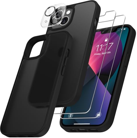 FLLAO 4 en 1 Coque pour iPhone 13 6.1, Noir | 2 Verre Trempé et 1 Caméra Protecteur, Coussin d'air Intégré, Antichoc Antirayures Bumper Protection