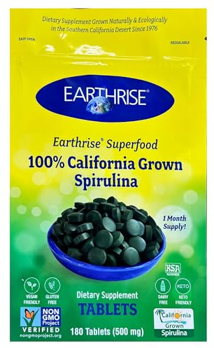 Earthrise Superfood 100% California Grown Spirulina 500mg Tablets (180 Count), Natural Premium Spirulina, Vegan, Gluten Free, Keto Friendly, Non -GMO, High in Vitamins & Minerals