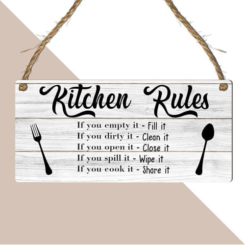 Kitchen Rules Plaque – Whitewashed Sign with Rustic Twine for Hanging – Funny & Practical Kitchen Etiquette Reminder with Fork & Spoon Icons – Family Kitchen Decor for Organisation and Cleanliness