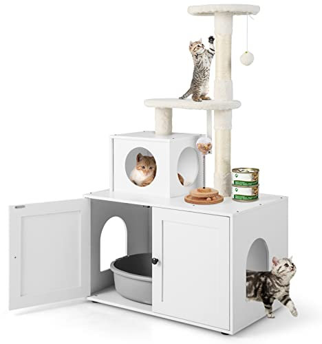 GYMAX 2-in-1 Kratzbaum 132 cm, multifunktionaler Katzenbaum mit Katzentoilette, Katzenschrank mit Katzenhaus, Kletterbaum, Katzenkratzbaum mit Plattform, Sisal-Kratzpfosten & hängendem Ball (Weiß)