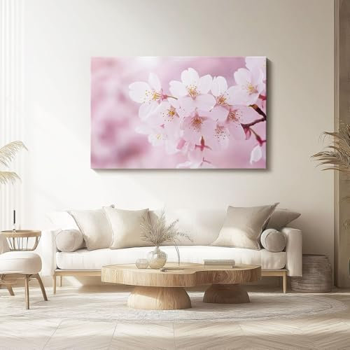 Leinwandbild Blumen Kirschblüten Nahaufnahme Poster 60 x 40 cm (Ungerahmt) Wandbild Kunstdruck für Wohnzimmer Schlafzimmer Büro Wanddeko Rosa not Rahmen Bild auf Leinwand