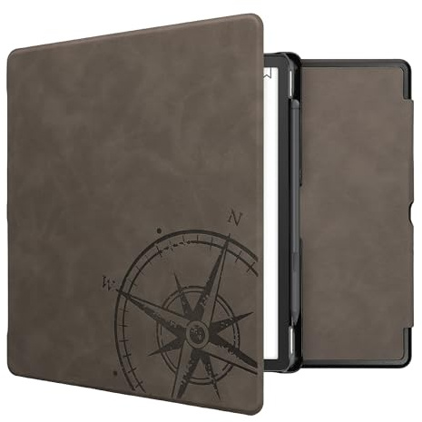 kwmobile Schutzhülle für Amazon Kindle Scribe Hülle - eReader Case aus Kunstleder mit Auto Sleep Funktion - Kompass Vintage mit Grau