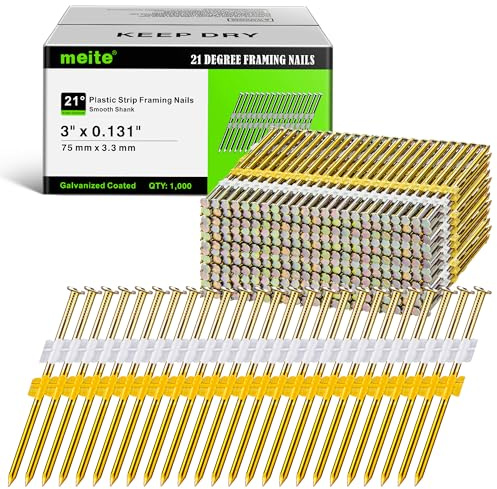 meite 21 Degree Framing Nails 3 Inch 0.131'' Galvanized Plastic Collated Framing Nails, Full Round Head Smooth Shank Structural Nails for Framing Nailer Gun Roof Decking Sheathing 1,000PCS
