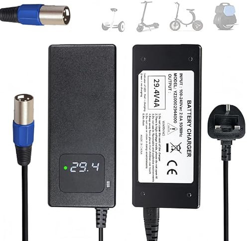 Fast battery charger 29.4V 4A with 3-pin XLR16mm connector for 24V lithium-ion batteries in personal mobile devices, with LED real-time voltage monitoring