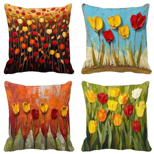 Outdoor Kissen Kissenbezug 50x50cm Abstrakt 4er Set Sofakissen Kissenbezüge Blume Wasserfestem Leinen Doppelnähten Versteckter Reißverschluss gelten für Terrassen-Gartenbank Schlafzimmer Wohndeko J-P