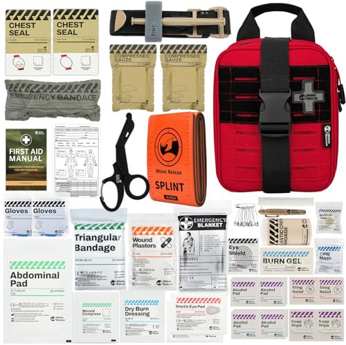 RHINO RESCUE Erste-Hilfe-Kit, IFAK mit molle, Trauma Kit, Taktische Tasche, Medizinische Tasche für Jagd, Camping, Military, Combat (Rot PRO)