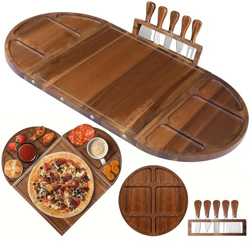 66cm x 33cm Large Acacia Wood Charcuterie Board Set with 5-Piece Cheese Knives & 3-Section Magnetic Serving Tray - Perfect for Bridal Showers, Housewarmings & Wedding Gifts