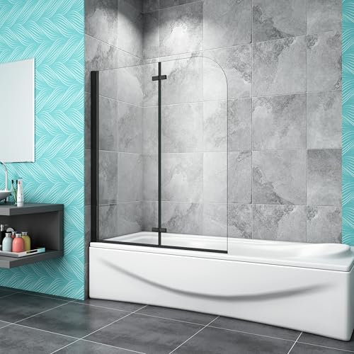 Probaty Bathrooms 900x1400mm Matt Black Hinged 2 Easy Clean Glass Over Bath Shower Door Panel Folding Screen