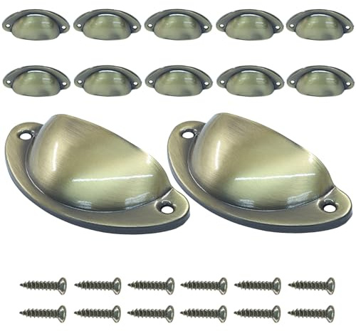 Cjueiom 12PCS Cabinet Cup Pull Handles, Brushed Brass, 82x35mm | Drawer Pulls, Antique Kitchen Cupboard Handles with Screws, Suitable for Cabinet, Dresser, Wardrobe, and Furniture Doors