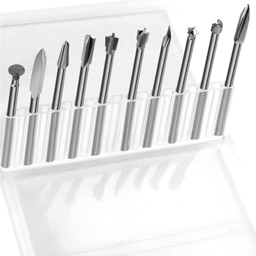MOKIDO Holzfräser Set 10-tlg, Drill Fräser Zubehör mit 3mm Schaft & 5mm Fräskopf, Fräsbohrer für Holz, Metall, Gravur, Kompatibel mit Bohrmaschine & Oberfräse