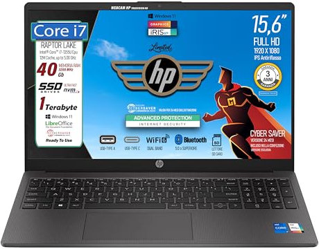 HP 250 G10, Pc portatile notebook, Intel Core i7 1355u, 10 cORe, Ram 40Gb, SSD Pci 1Tb, Display 15.6 Full HD, Win 11, portatile pronto all'uso, Include Cybersaver 24 mesi, garanzia Italia 3 anni