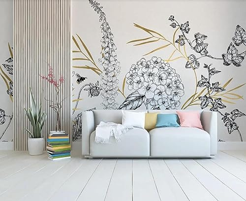 Papier Peint Fleurs Noir Et Blanc Feuille D'Or 350x250cm Papier Peint Panoramique Intissé Tapisserie Poster Chambre Salon Decoration Murale -MIWEI Wallpaper-ZXY-17115