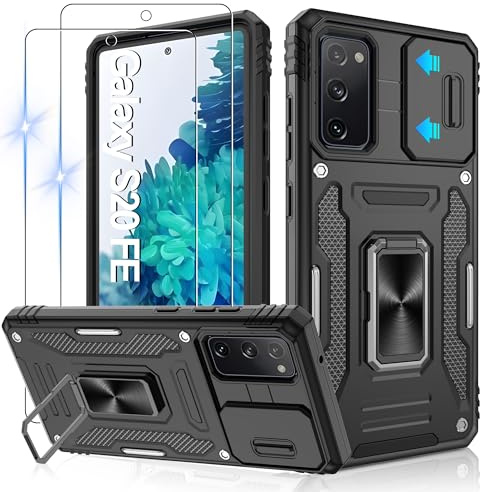 Jshru Hülle für Samsung Galaxy S20 FE 4G/5G Handyhülle Kameraschutz mit 2 STK Schutzfolie Militärstandard Stoßfest Schutzhülle 360° Metall Ring Ständer Case für Galaxy S20 FE,Schwarz