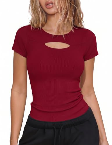 Aottori T-Shirt Damen Rundhals Cut Out Gerippt Slim Fit | Sommer, Oberteile Kurzarm, Basic Tops, Elegant, Stretch, Casual, Einfarbig, Alltag Freizeit