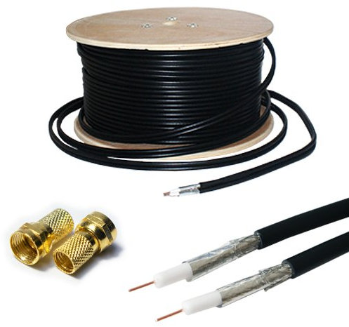 10m RG6 Twin Coaxial Cable & 4x F Connectors - Shotgun Satellite Sky +/HD Freesat - Sat Box Lead Extension Kit - Loops