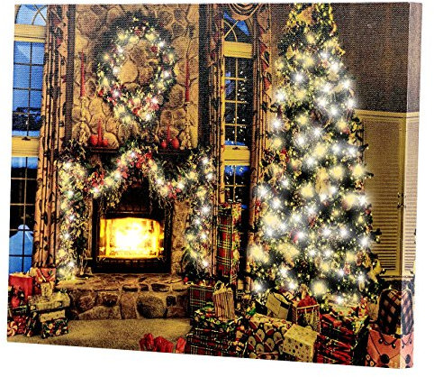 infactory Weihnachten Bilder: Wandbild Weihnachtliches Kaminzimmer mit flackernder LED, 40 x 30 cm (LED Bild Weihnachten, Weihnachtsbilder mit Kamin, Weihnachtsbeleuchtung)
