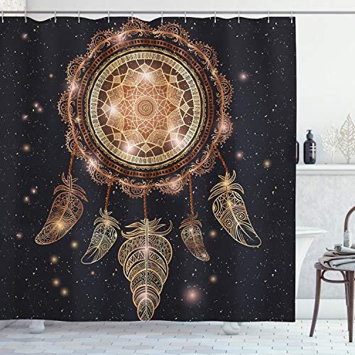 ABAKUHAUS Traumfänger Duschvorhang, Bohemian Traumfänger, Stoffliches Gewebe Badezimmerdekorationsset mit Haken, 175 x 200 cm, Braun Anthrazit
