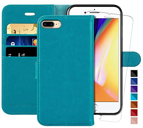 MONASAY Wallet Case for iPhone 7 Plus Wallet Case/iPhone 8 Plus,5.5 -inch [Glass Screen Protector Included] Flip Folio Leather Cell Phone Cover with Credit Card Holder,light Blue
