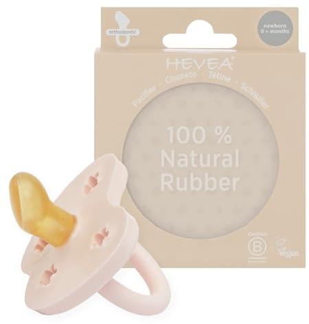 HEVEA Sucette Bebe PHYSIOLOGIQUE caoutchouc naturel / 0+ mois - Sans BPA, PVC, ni Phtalates - Design Danois Tétine avec 4 Trous de Ventilation - Hygiénique - Boite unitaire (Rose poudré)