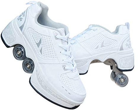 JTKDL Rollschuh Roller Skates Lauflernschuhe, Sneakers, 2in1 Mehrzweckschuhe Schuhe Mit Rollen Skateboardschuhe,Inline-Skate,Verstellbare Quad-Rollschuh Stiefel,Silver-39.5