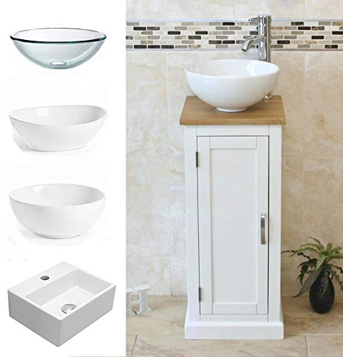 Solid Oak Top Bathroom Vanity | White Painted Cloakroom Unit | Sink Tap & Plug (Bowl C)
