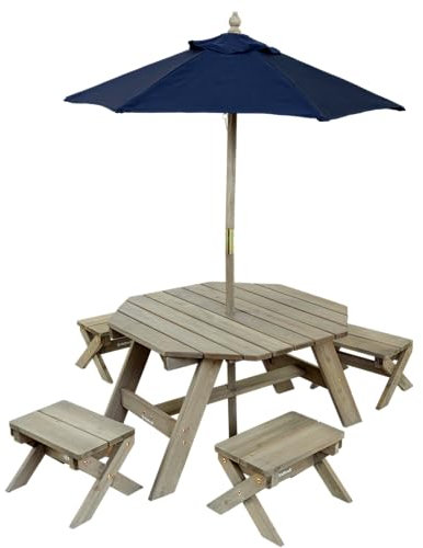 KidKraft Octagon Conjunto jardín de Mesa, taburetes y sombrilla de Madera para niños, Mesa y sillas jardín, Patio, terrazza, Muebles Exteriores al Aire Libre (20176), Exclusivo en Amazon