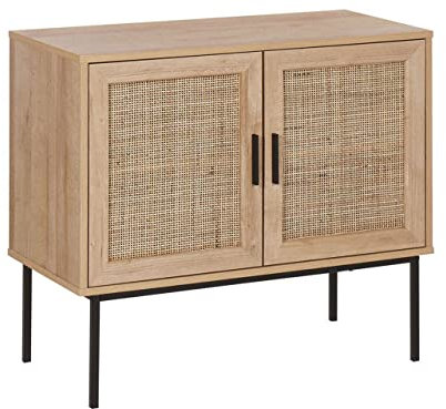 Beliani Modernes Sideboard 2 Rattan-Türen Heller Holzfarbton Schwarze Metallbeine Pasco