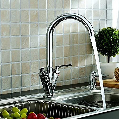 Kitchen Tap Hot and Cold Basin Sink Mixer Tap Single Lever 360 Degree Swivel Kitchen Faucet Waterfall Effect Solid Brass Chrome with Hoses and Fittings