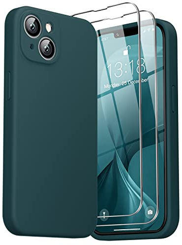 GOODVISH [3 in 1 Designed for iPhone 14, iPhone 13(6.1 regular) Liquid Silicone Case [Upgraded Camera Protection][ 2 Pack Screen Protector] Shockproof, Anti-Scratch Gel Slim Phone Cover, Dark Green