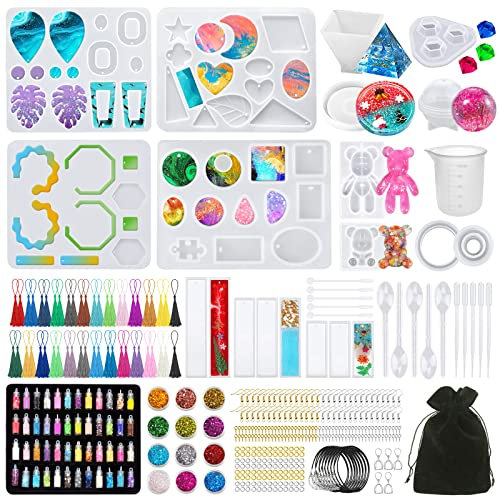 IGUGI Resin Gießharz Silikonform,Schmuck Gießformen Set Epoxid und Silikon Schmuckherstellung für Anhänger Halskette Ohrringe DIY Resin,Basteln,mit Messbecher und Sticks Werkzeug Zubehör