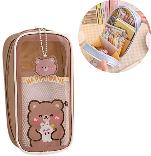 Eivdru Astuccio Kawaii, Forniture Scolastiche Estetiche, Grande Capacità Trasparente per Ragazze, Organizzatore di Matite, Marrone, Moderno
