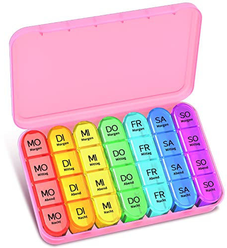 Betife Tablettenbox 7 Tage Morgens Mittags Abends Nachts, BPA Frei Pillendose 7 Tage 4 Fächer, Medikamentenbox 7 Tage, Pillenbox Groß, Tabletten Wochenbox, Pillendose 7 Tage 4 Fächer (Rosa)