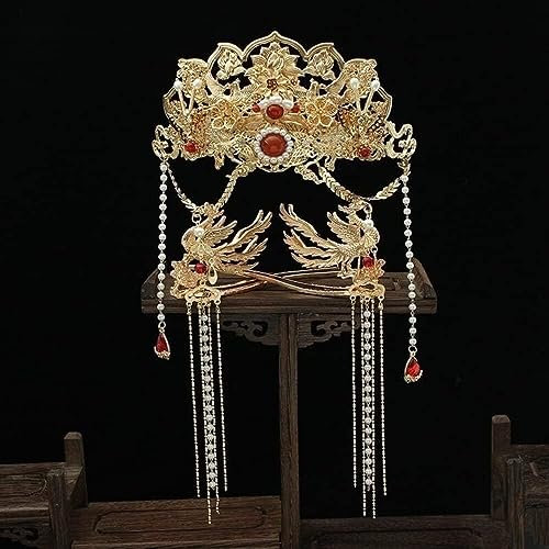 GINTON Pinces à Cheveux, fourchettes à Cheveux rétro, épingle à Cheveux, Coiffure Chinoise Hanfu Phoenix Couronne de Cheveux Ensemble Complet fée Pompon épingle à Cheveux Antique