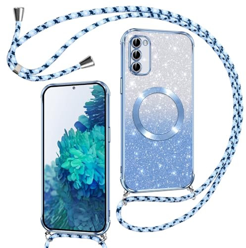 Phoona Handyband Hülle für Samsung Galaxy S20 FE mit Band [kompatibel mit MagSafe], Luxuriöse Glitzer Beschichtung Magnetische Handyhülle für Samsung S20 FE Silikon Stoßfest Schutzhülle, Blau