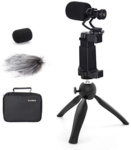 Moman Microfono smartphone con kit video, microfono shotgun con funzione renale, microfono direzionale a condensatore con mini treppiede Grip Rig, supporto cellulare per telefoni cellulari/fotocamere