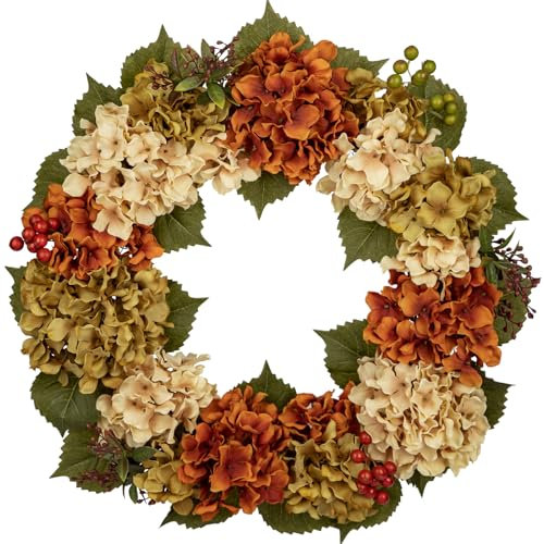 Guirnalda de hortensias artificiales de 61 cm, guirnalda de flores artificiales para puerta de entrada, hortensias artificiales naranjas verdes, para decoración de verano y otoño, arreglo floral para
