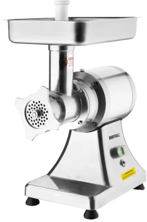 Buffalo 735W Heavy Duty Meat Mincer Size 22, Silver, Aluminium & Stainless Steel, Output: up to 250 kg/hour - Includes 6 & 8 mm Perforated Plates, Feeder Pan, Pusher & Sausage Tube - CH134