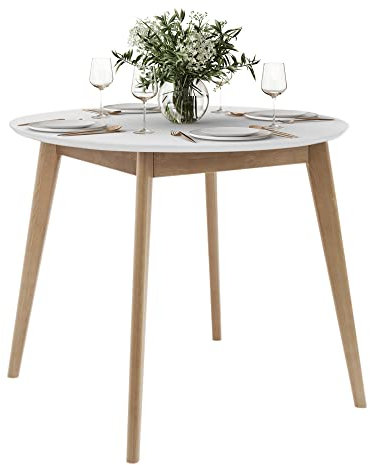 DAIVA CASA Orion runder Tisch für 4 Personen – Küchen- und Esszimmermöbel aus massiver Birke – skandinavischer Mid-Century-Stil – Weißer und brauner Tisch 94 cm…