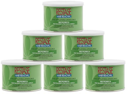 RESTASE | Cera Depilatoria Liposolubile, Micromica, Pelli Sensibili e Peli Corti e Difficili, 6 x 400 ml, Made in Italy
