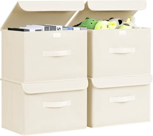Homsorout 4 Stück Aufbewahrungsboxen mit Deckel, Faltbare aufbewahrungsbox mit Griff, Aufbewahrungskorb Stoff, Ordnungsboxen box mit deckel, Faltbox für Kleidung, Bücher, Beige