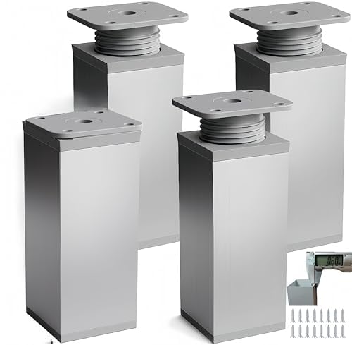PUTOAHAO 4 Pezzi Piedini per Mobili in Alluminio, Piedini Regolabili per Mobili (40 X 40 mm),Piedi per Mobili (16 Viti),Gambe per Mobili per Armadietto,Divano,Tavolo, Letto (Argentato, 6 cm)