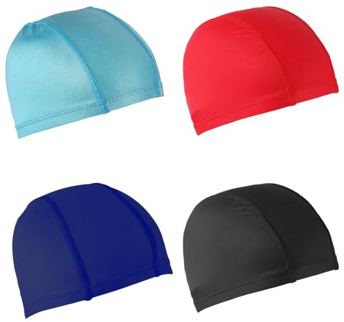 4pz Cuffie da Nuoto Elastiche per Donna Uomo Bambino, Unisex Cuffie da Bagno Antiscivolo Cuffie da Nuoto Cappello da Piscina per Ragazzi Ragazze (Nero, Blu Scuro, Blu, Rosso)