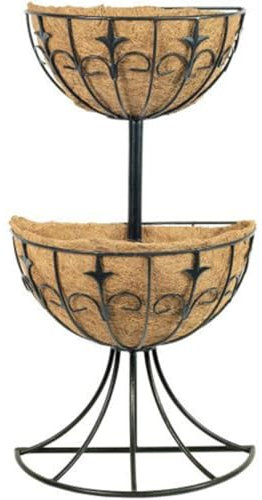 Deluxe Tiered Fountain Coco Liner Raised Metal Freestanding Planter Natural Coconut Outdoor Plant Garden Decor Basket Flowers Plants Floral Displays (Deluxe Two Tier Wall Fountain MT2TWFD)