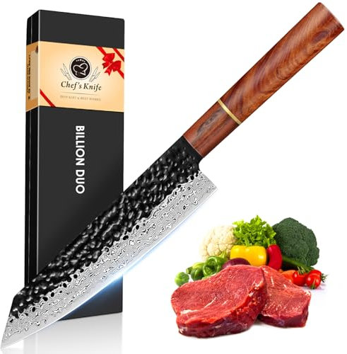 BILLION DUO Damacus Kiritsuke Chef Knife, Professional Kitchen Knife, Damacus Steel Blade 21 cm, Rosewood Handle, for Meat, Fruits, Vegetables, Gift Box