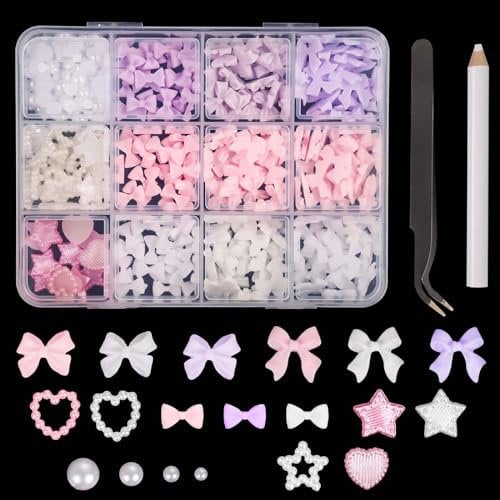 500pcs 3D Nail Charms, Multicolor Mix Shapes Bow Art Nail Charms Heart Pentagram Pearl Nail Star Gems Charms Resin Decorations with Tweezers Pickup Tool DIY Jewelry Gift Accessories for Girls Women