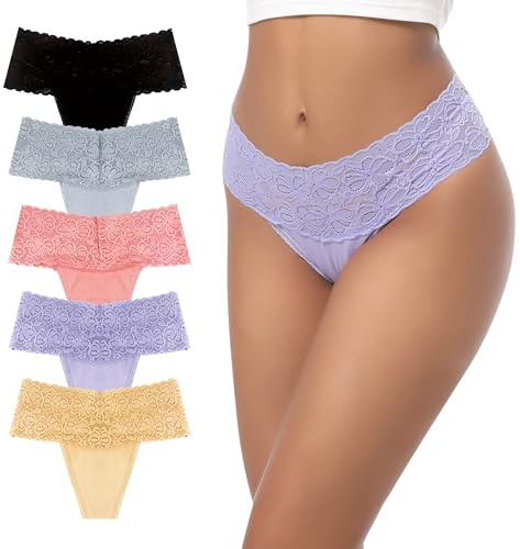 GAREDOB Perizoma in Pizzo di Cotone a Vita Alta per Le Donne Tangas Morbido a Copertura Totale Perizoma Nero Grigio Cachi Viola Pesca 4XL
