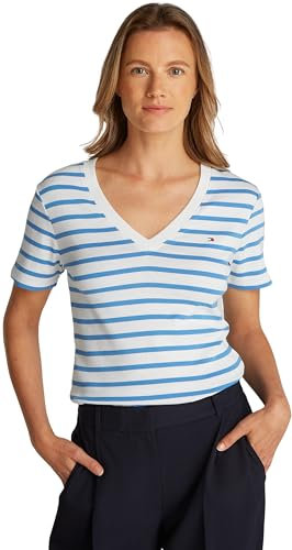 Tommy Hilfiger Camiseta de Manga Corta para Mujer New Slim Cody V-Neck con Cuello de Pico, Multicolor (Ecru/Blue Spell STP), XXL